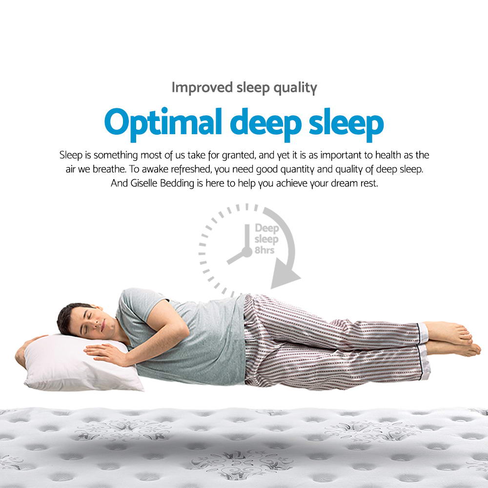 Person lying on a mattress with text about improved sleep quality and deep sleep.